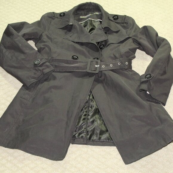 Kenneth Cole Reaction Trench Coat Womens Size Medium Classic Black Belted Button - Picture 1 of 6